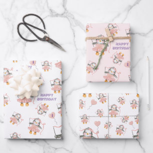 Feuille De Papier Cadeau 1er anniversaire mignon Ballerina Penguin rose