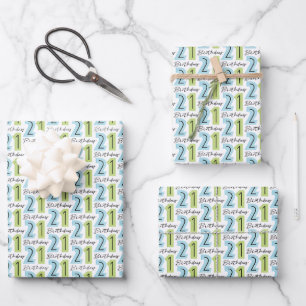 Feuille De Papier Cadeau 21e Anniversaire Numéros Bleu Vert