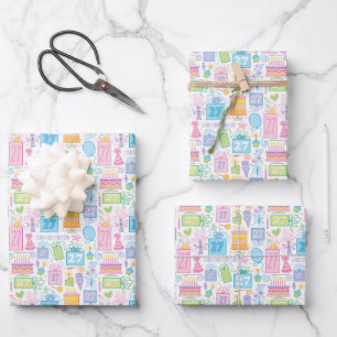Feuille De Papier Cadeau 27e anniversaire Pastel Pink Cake présente des bal