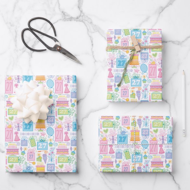 Feuille De Papier Cadeau 27e anniversaire Pastel Pink Cake présente des bal (Recto)