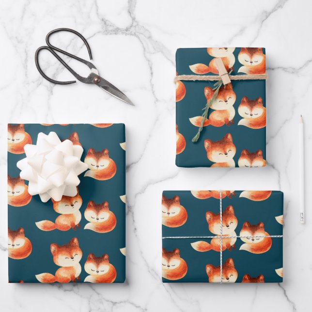 Feuille De Papier Cadeau 2 mignons Petits Renards Rouges Aquarelle Design (Recto)
