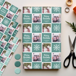 Feuille De Papier Cadeau 2 Photo Turquoises verts - Joyeux Noël Snowflakes
