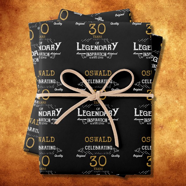 Feuille De Papier Cadeau 30e anniversaire Black Gold Legendary Retro (30th Birthday Black Gold Legendary Retro Wrapping Paper Sheets)
