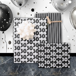 Feuille De Papier Cadeau 30e anniversaire Blanc Noir Typographie Stripes Ch
