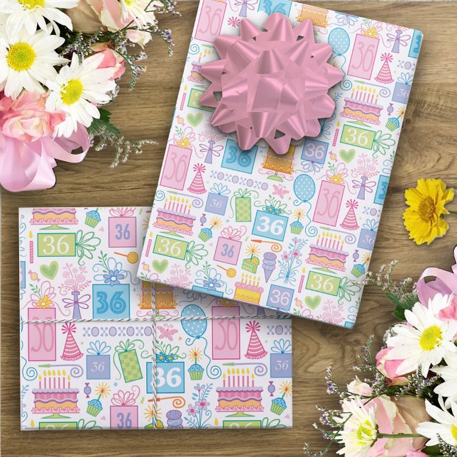 Feuille De Papier Cadeau 36e anniversaire Pastel Pink Cake présente des bal (Créateur téléchargé)