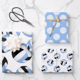 Feuille De Papier Cadeau 3 coordination volleyballs noirs bleu clair