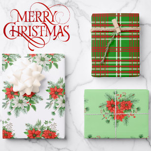 Feuille De Papier Cadeau 3 Coordonnées Noël Poinsettia Rouge Plaid