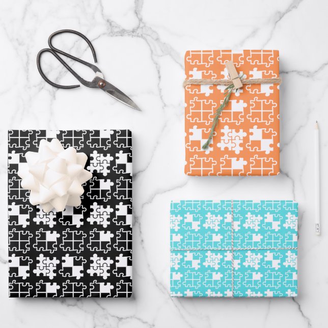Feuille De Papier Cadeau 3 couleurs Puzzle Pièces Simple Motif (Recto)