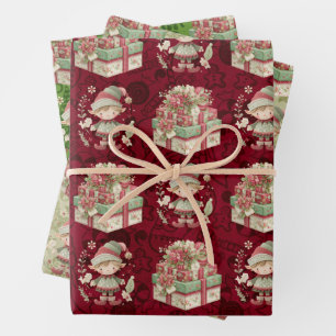 Feuille De Papier Cadeau 3 Elfes de Noël jolies présents