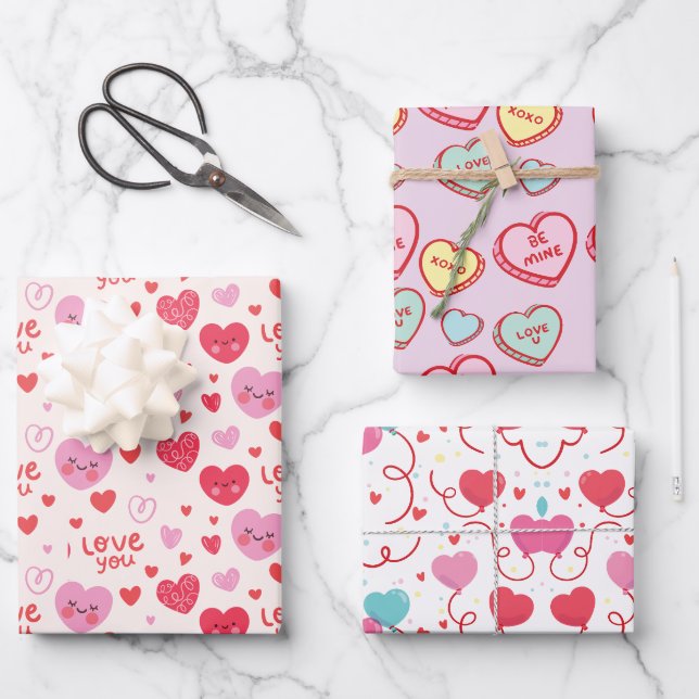 Feuille De Papier Cadeau 3 Motif de Coeurs rouges roses différents (Recto)