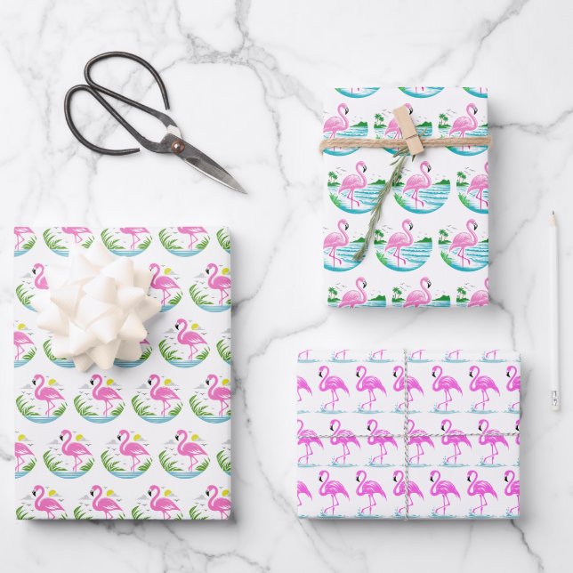 Feuille De Papier Cadeau 3 motifs de flamant rose tropical (Recto)
