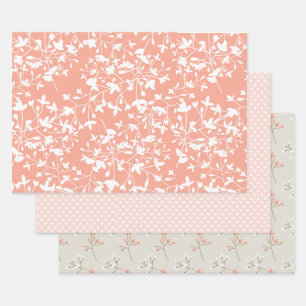 Feuille De Papier Cadeau 3 pc Set Peach et Tan Floral et Pois roses