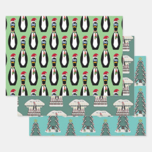 Feuille De Papier Cadeau 3 Pingouins amusants Noël