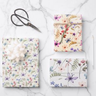 Feuille De Papier Cadeau 3 variations fleur sauvage motif continu