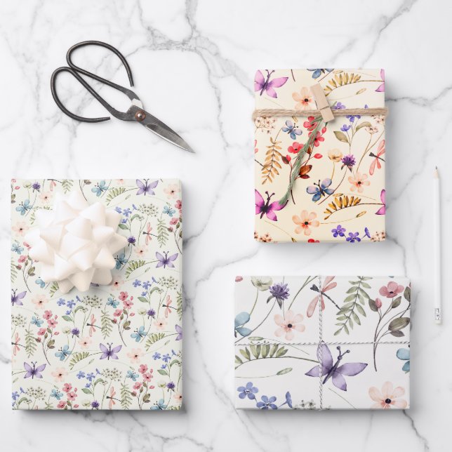 Feuille De Papier Cadeau 3 variations fleur sauvage motif continu (Recto)