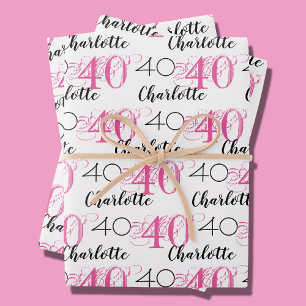 Feuille De Papier Cadeau 40 ans rose 40e anniversaire Nom Enveloppement Pap