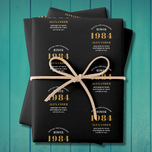 Feuille De Papier Cadeau 40e anniversaire 1984 Black Gold Chic Elegant