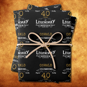 Feuille De Papier Cadeau 40e anniversaire Black Gold Legendary Retro