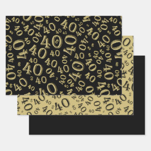 Feuille De Papier Cadeau 40e anniversaire noir/or Random Numéro Motif 40