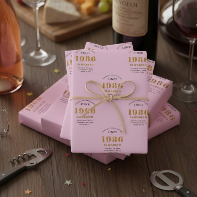 Feuille De Papier Cadeau 40th Birthday 1986 Ajouter le nom Pink Grey (Personalized pink 1986 wrapping paper)