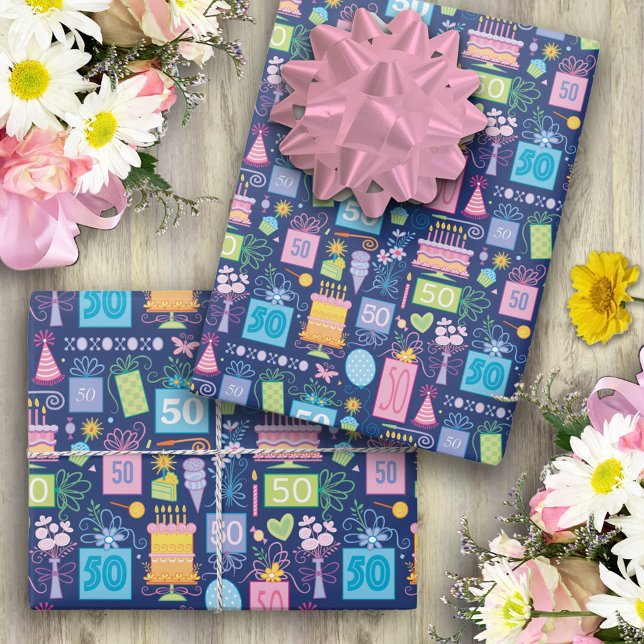Feuille De Papier Cadeau 50e anniversaire gâteau présente Ballons Bleu (Créateur téléchargé)