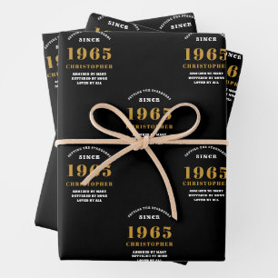 Feuille De Papier Cadeau 60e anniversaire né en 1965 Ajouter Nom Black Gold
