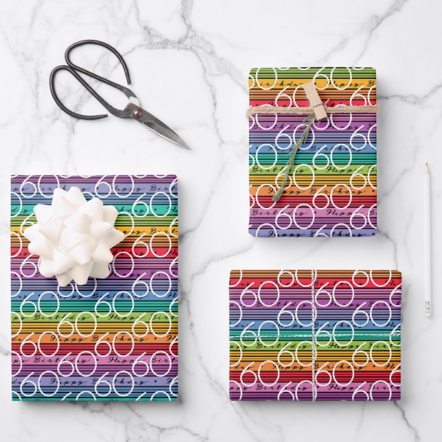Feuille De Papier Cadeau 60e anniversaire Rainbow Stripes (Recto)