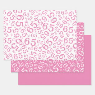 Feuille De Papier Cadeau 65e anniversaire Motif des numéros rose et blanc 6