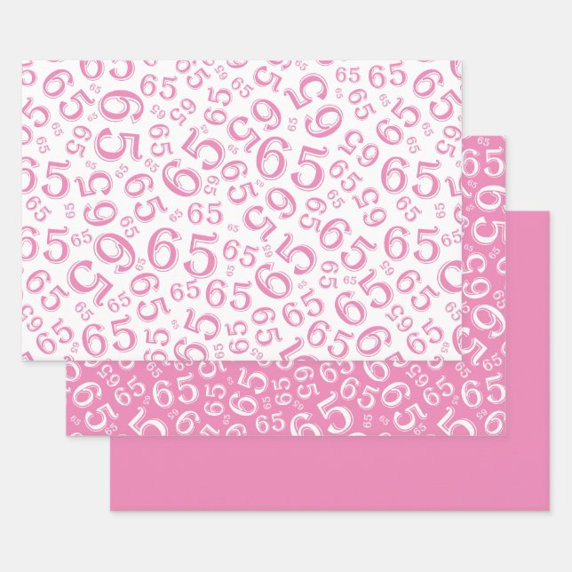 Feuille De Papier Cadeau 65e anniversaire Motif des numéros rose et blanc 6 (Lot)