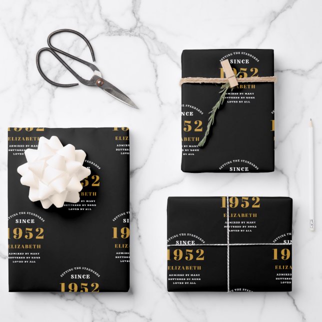 Feuille De Papier Cadeau 70e anniversaire 1952 Black Gold Chic Elegant (Recto)