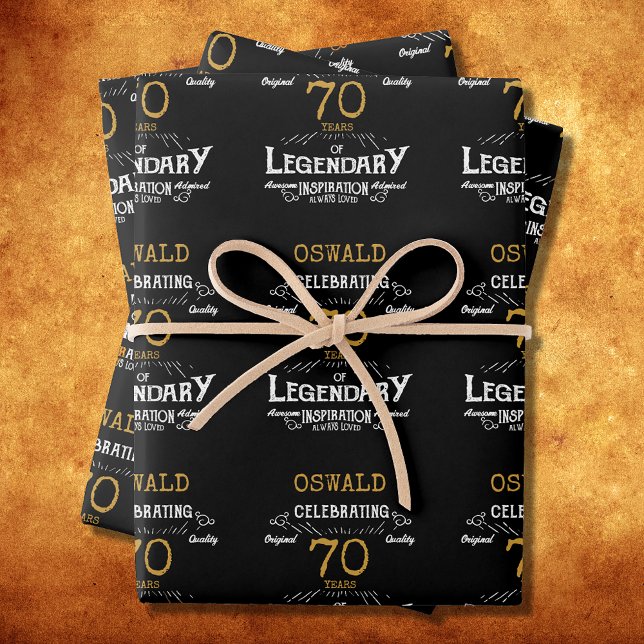 Feuille De Papier Cadeau 70e anniversaire Black Gold Legendary Retro (Vintage Black Gold Elegant wrapping paper - Personalized 70th Birthday edition.)