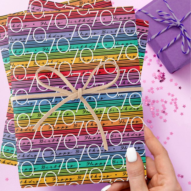 Feuille De Papier Cadeau 70e anniversaire Rainbow Stripes (Créateur téléchargé)