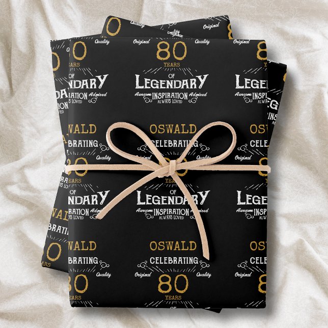 Feuille De Papier Cadeau 80e anniversaire Black Gold Legendary Retro (Vintage Black Gold Elegant wrapping paper - Personalized 80th Birthday Celebration )