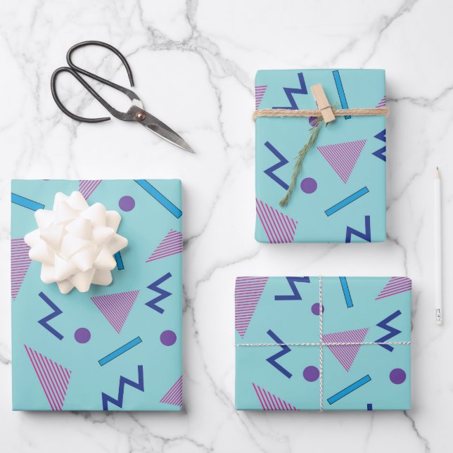Feuille De Papier Cadeau 80s 90s Memphis style géométrique bleu (Recto)