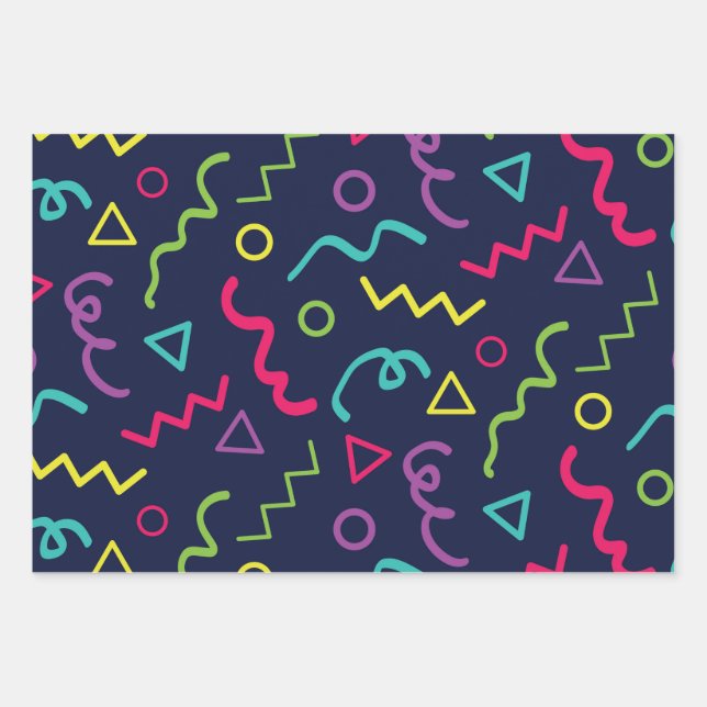 Feuille De Papier Cadeau 80s quatre-vingts rétro parti néon Memphis motif (Devant)