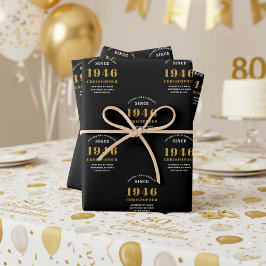 Feuille De Papier Cadeau 80th Birthday born 1946 Add Name Black Gold