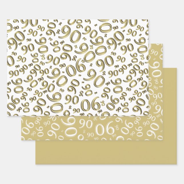 Feuille De Papier Cadeau 90e anniversaire Gold & White Random Number Motif (Lot)