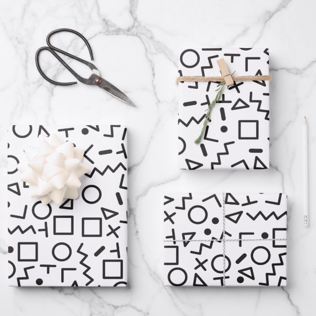 Feuille De Papier Cadeau 90's Noir & Blanc Retro Shapes Motif (Recto)