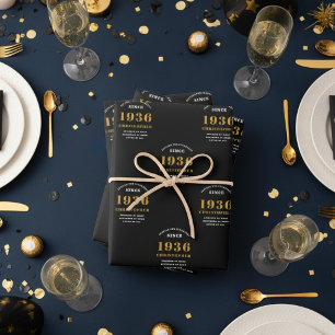 Feuille De Papier Cadeau 90th Birthday born 1936 Ajouter Nom Black Gold