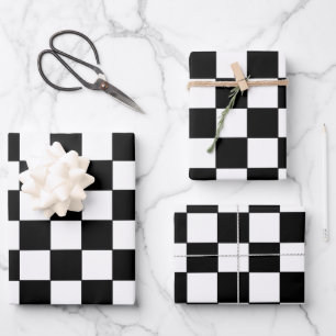 Feuille De Papier Cadeau à damiers blanc et noir