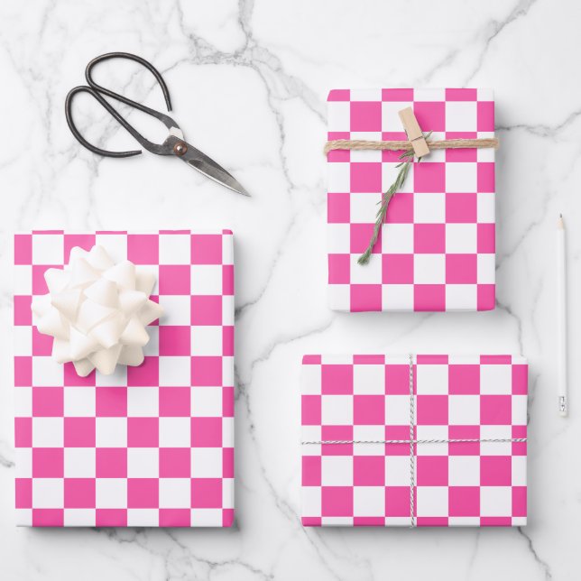 Feuille De Papier Cadeau À damiers blanc rose chaud moderne (Recto)