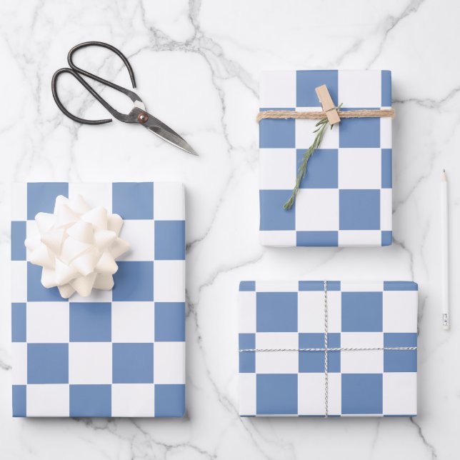 Feuille De Papier Cadeau à damiers bleu/gris et blanc (Recto)