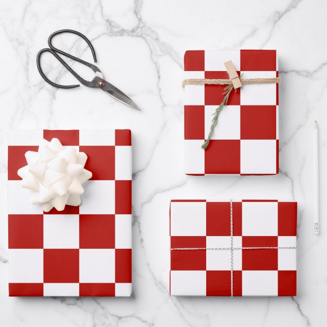 Feuille De Papier Cadeau à damiers carré rouge blanc rétro (Recto)