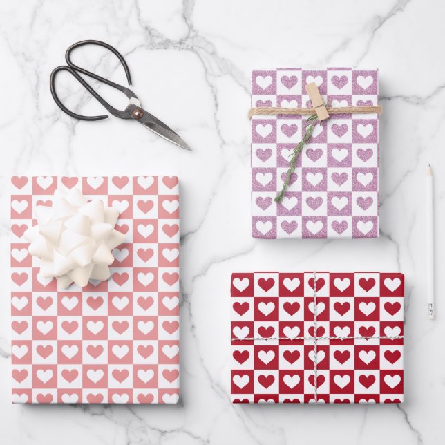 Feuille De Papier Cadeau À damiers Coeurs mignons Saint Valentin (Recto)