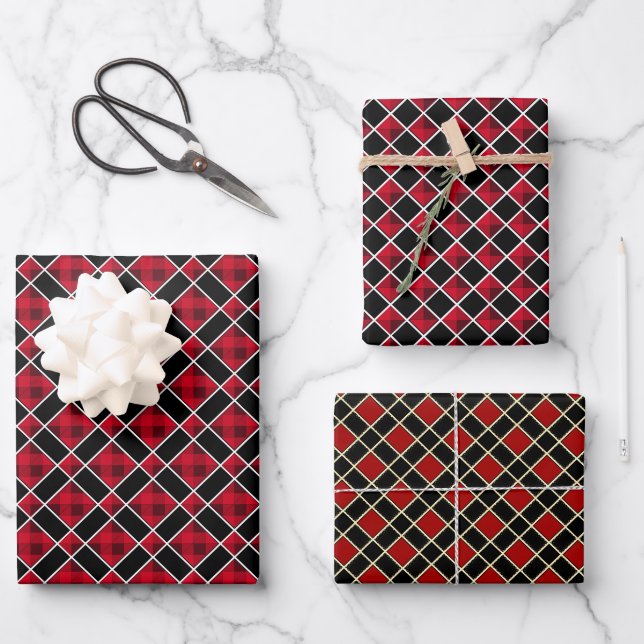 Feuille De Papier Cadeau À damiers diamant moderne en noir et rouge (Recto)