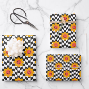 Feuille De Papier Cadeau À damiers esthétique rétro Super marguerite