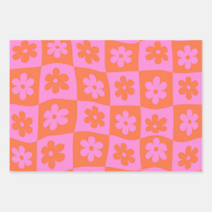 Feuille De Papier Cadeau à damiers Fleurs roses et oranges rétro déformées