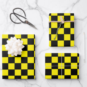 Feuille De Papier Cadeau à damiers noir et jaune