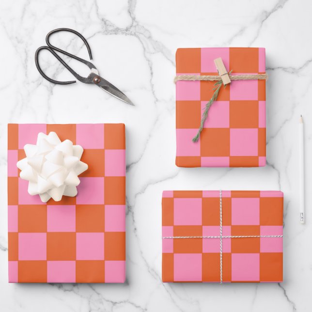 Feuille De Papier Cadeau à damiers orange et rose (Recto)