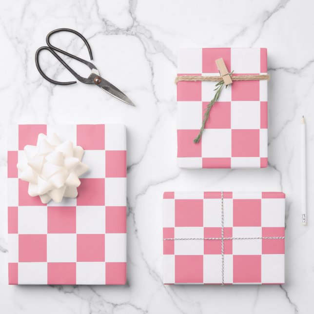 Feuille De Papier Cadeau à damiers rose et blanc (Recto)